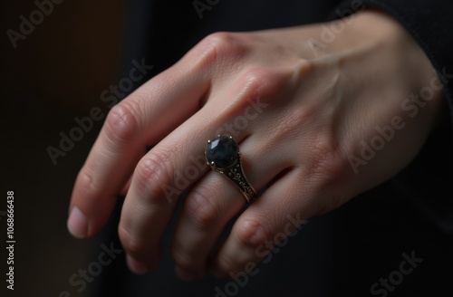 Close-up of Hand with Black Mourning Ring – Symbol of Loss and Remembrance with Subtle Shadows