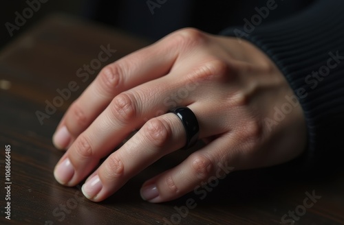 Close-up of Hand with Black Mourning Ring – Symbol of Loss and Remembrance with Subtle Shadows