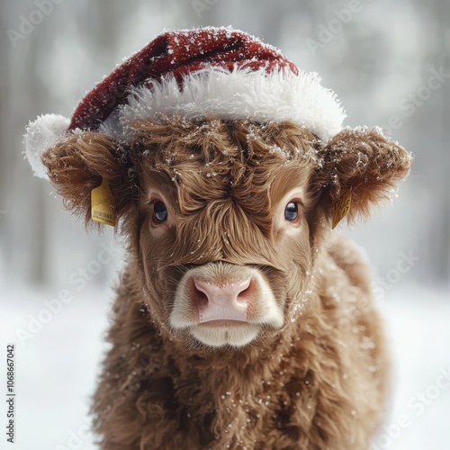 Adorable baby highland cow calf in a santa hat surrounded by shaggy fur and winter wonderland vibes