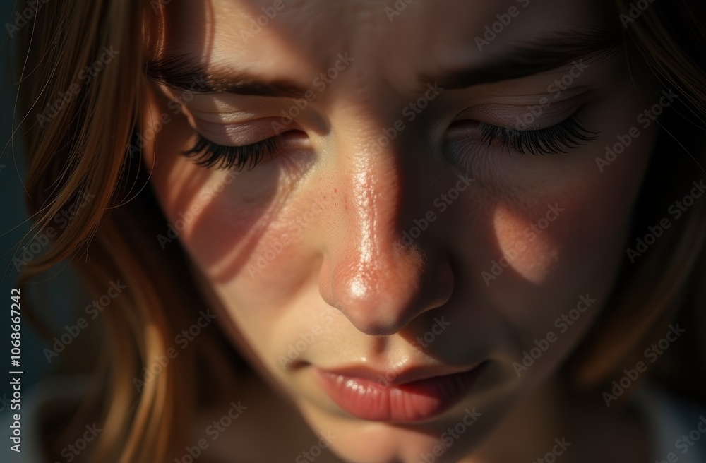 Close-up of Person’s Face Showing Deep Sorrow – Eyes Closed with Soft Natural Light and Shadows Close-up of Person’s Face Showing Deep Sorrow – Eyes Closed with Soft Natural Light and Shadows