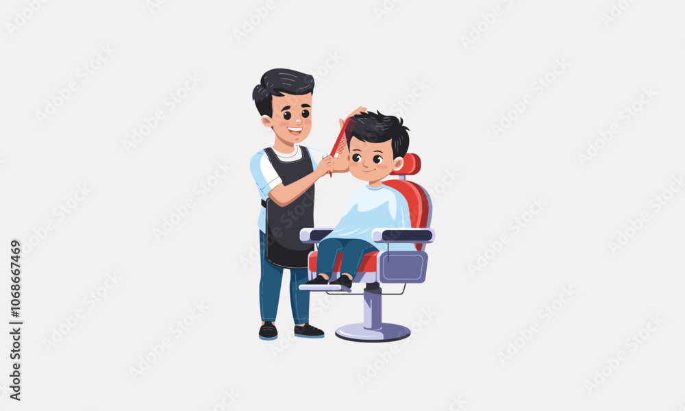 Barber cutting boy's hair in salon, smiling and friendly Barber cutting boy's hair in salon, smiling and friendly