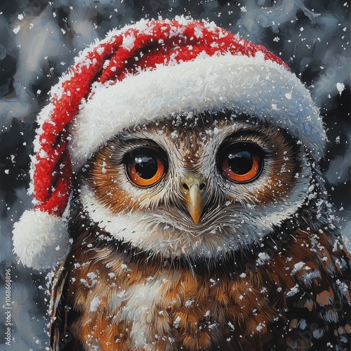 Charming brighteyed owl wearing a santa hat amidst snowflakes highlighting feather details and warm vibes photo