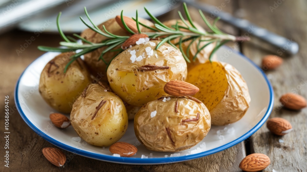 A dish with baked potatoes with rosemary and garlic and almonds. The potatoes are golden brown in color, decorated with rosemary sprigs on top. The potatoes are sprinkled with almonds. A dish with baked potatoes with rosemary and garlic and almonds. The potatoes are golden brown in color, decorated with rosemary sprigs on top. The potatoes are sprinkled with almonds.