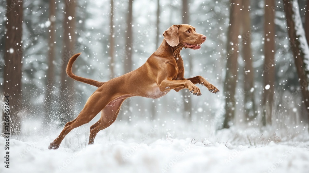 Hungarian Vizsla Dog Leaping Through Snowy Forest Hungarian Vizsla Dog Leaping Through Snowy Forest