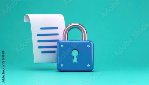 A blue padlock stands in front of a rolled paper with lines, symbolizing security and protection of information against unauthorized access.