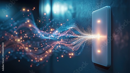 A modern light switch being flicked. there are digital waves emitting from it. photo