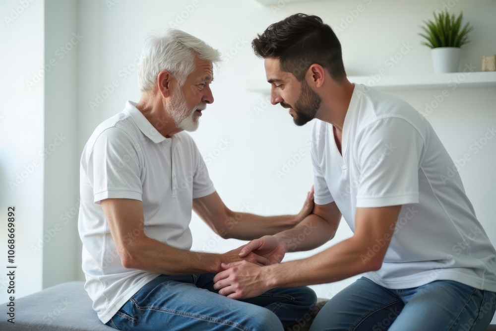 Obraz premium Doctor helps and advises the patient in the clinic. Concept of physiotherapy and a healthy lifestyle. Generative AI