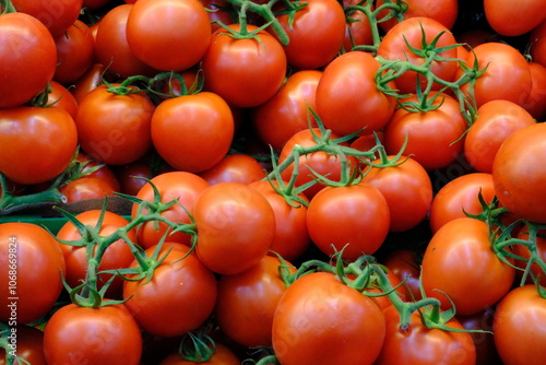 Close-up photo of red, healthy bunches of tomatoes in a pile at the grocery store. Lycopene is a source of antioxidants. Healthy eating. Winter fruits. Fruit pric