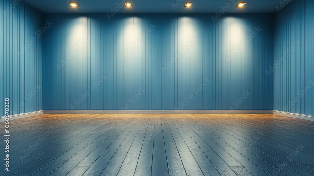 A serene, empty room with blue walls and wooden floors, softly illuminated by five ceiling lights, creating a calming and inviting atmosphere. A serene, empty room with blue walls and wooden floors, softly illuminated by five ceiling lights, creating a calming and inviting atmosphere.