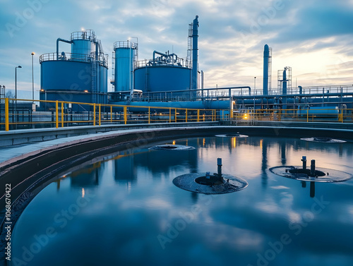 Photo Industrial Plant Water Treatment Tanks Dusk photo