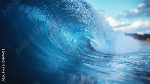 Beautiful dark blue tube waves in the middle of the sea