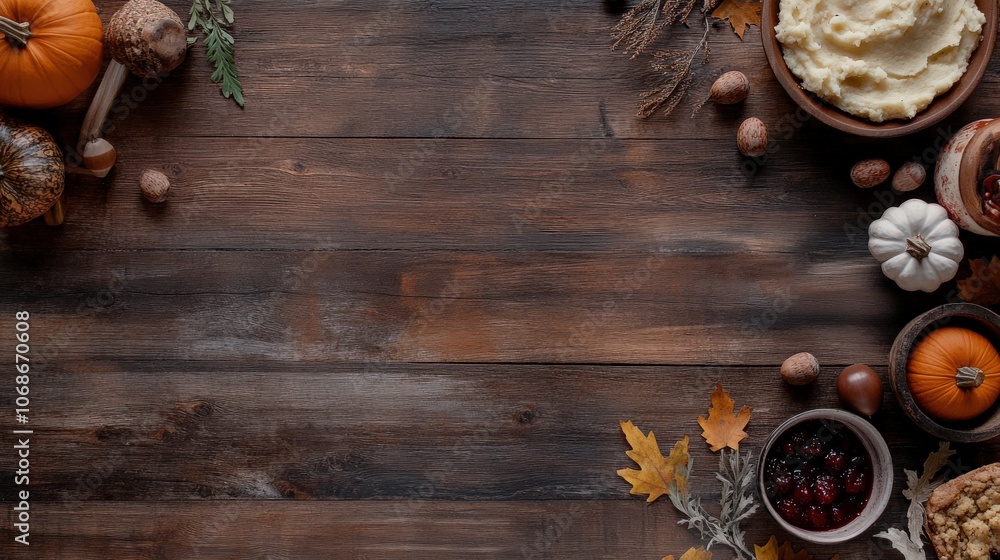 Harvest Table Spread A flat lay of a rustic table with a spread of Thanksgiving foods like turkey, mashed potatoes, cranberry sauce, and pumpkin pieAutumn leaves, small pumpkins, and acorns Harvest Table Spread A flat lay of a rustic table with a spread of Thanksgiving foods like turkey, mashed potatoes, cranberry sauce, and pumpkin pieAutumn leaves, small pumpkins, and acorns