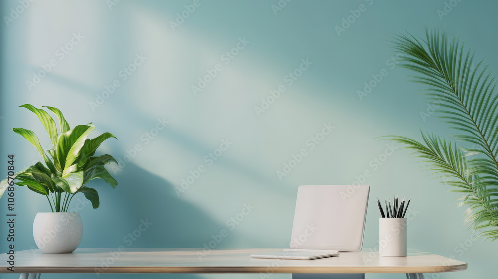 A minimalist workspace featuring a clean desk with a laptop and pencils, complemented by vibrant green plants against a soothing pastel blue wall.