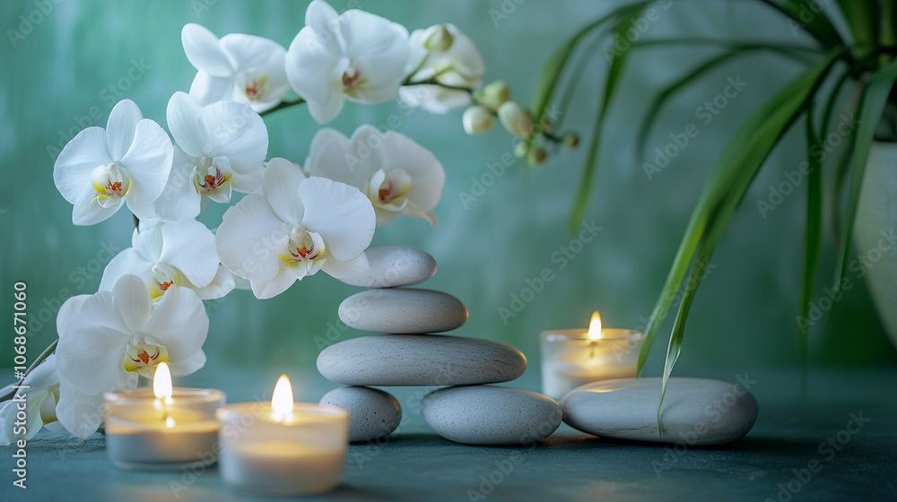 Tranquil spa setting with stones, white orchids, and flickering candles for relaxation Tranquil spa setting with stones, white orchids, and flickering candles for relaxation