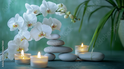 Tranquil spa setting with stones, white orchids, and flickering candles for relaxation