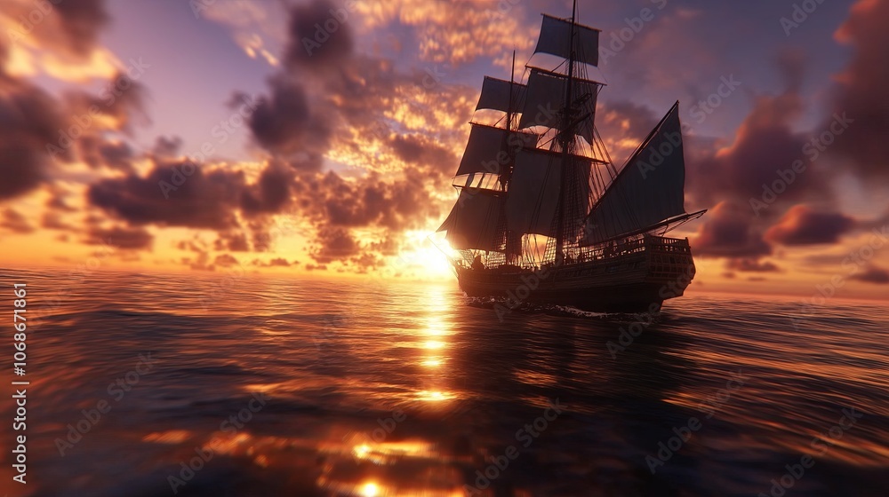 Obraz premium Calm Evening Ocean with Silhouetted Sailing Ship