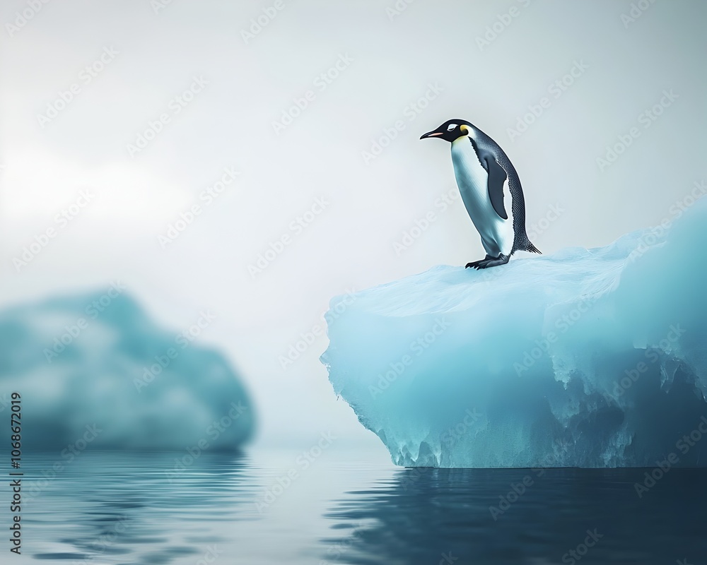 Obraz premium Starving Penguin Standing on Melting Iceberg Symbolizing Effects of Global Warming