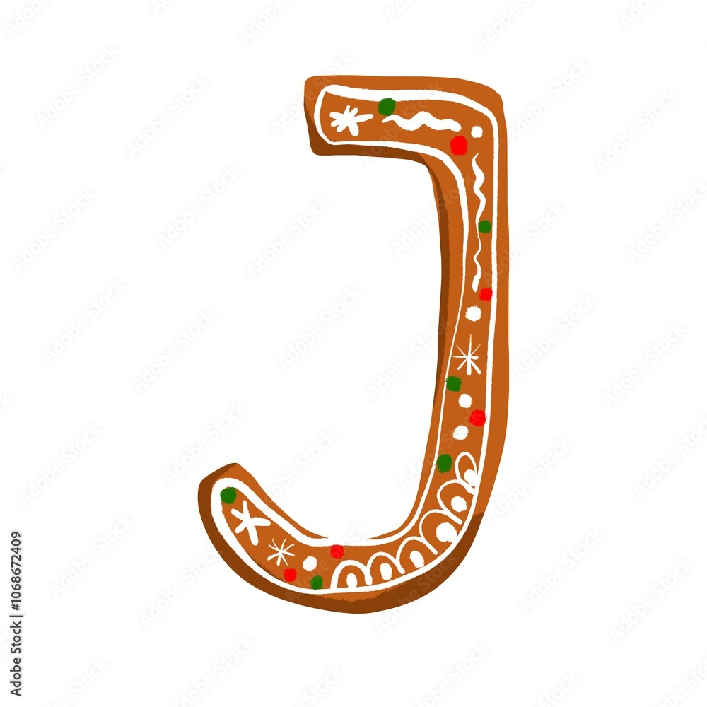 Gingerbread letter J with a festive icing design on a white background, adding warmth and holiday charm to any seasonal project
