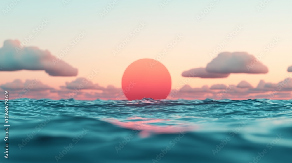 A vibrant orange sunset over a calm ocean with soft, fluffy clouds. A vibrant orange sunset over a calm ocean with soft, fluffy clouds.