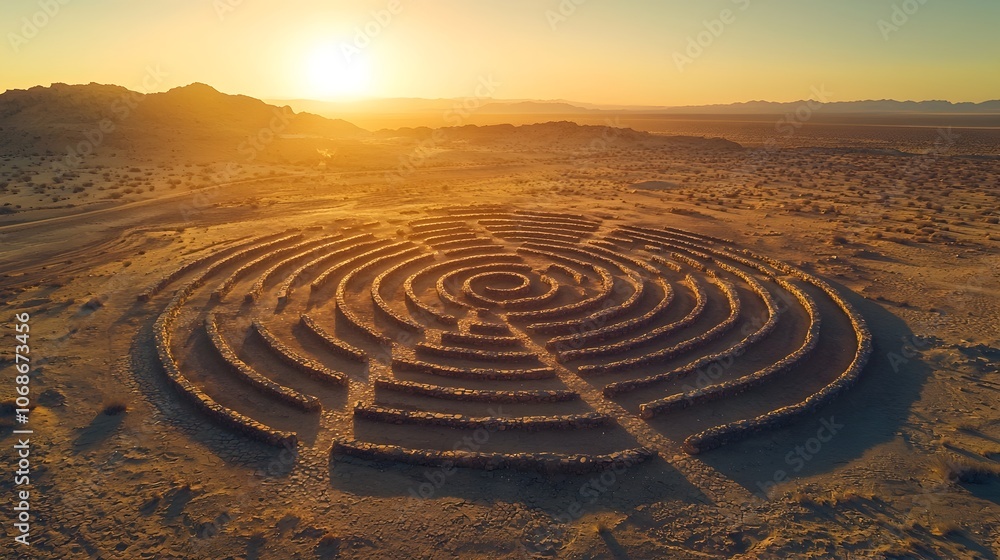 Ethereal Aerial View of a Colossal Ancient Stone Labyrinth in the Desert at Sunset Ethereal Aerial View of a Colossal Ancient Stone Labyrinth in the Desert at Sunset
