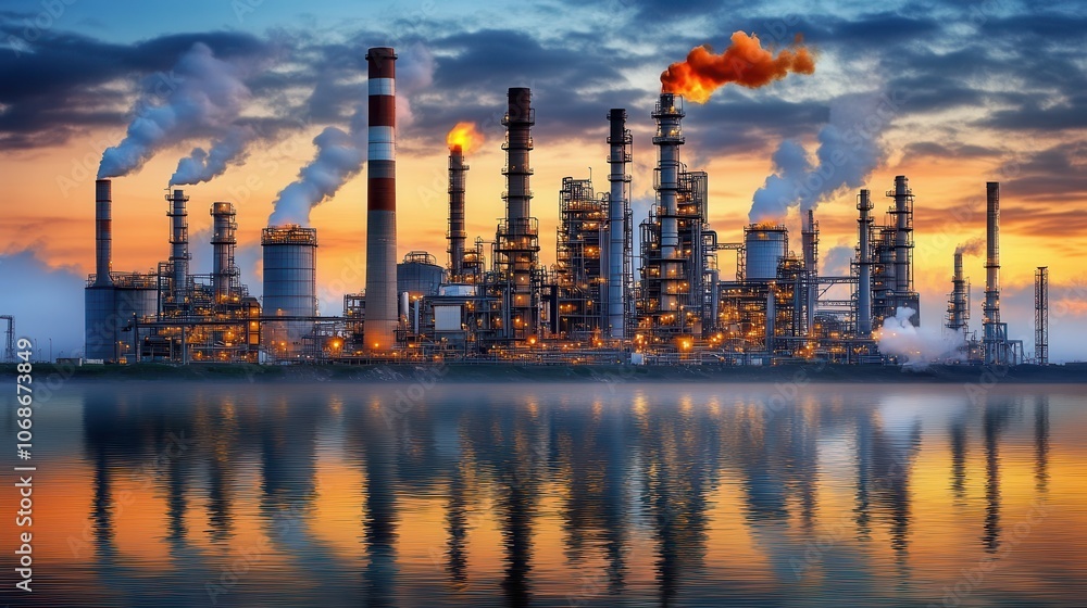Obraz premium Industrial Complex at Sunset with Reflection in Water