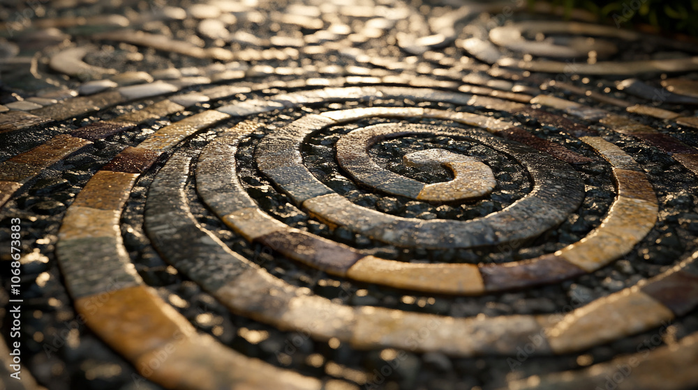 Intricate spiral mosaic pathway glimmering under sunlight in a tranquil garden setting Intricate spiral mosaic pathway glimmering under sunlight in a tranquil garden setting