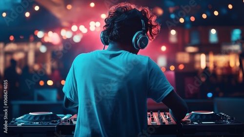 DJ wearing headphones performing at a vibrant nightclub with colorful lights and a crowd in the background. photo