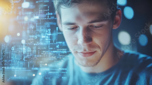 A person focuses intently while digital codes and abstract lights suggest a connection to technology, innovation, or programming in a modern, digital environment.