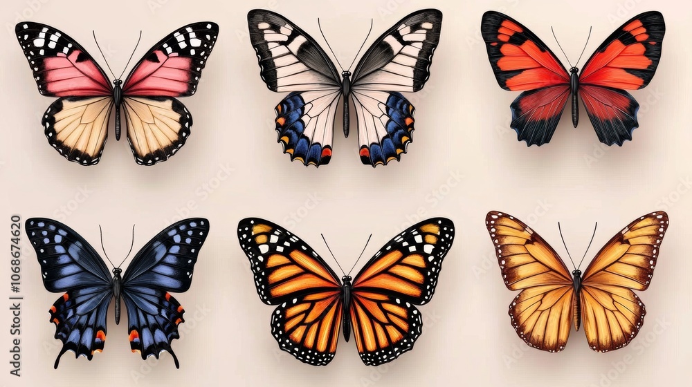 Six colorful butterflies with intricate patterns and wings in various poses on a light background. Six colorful butterflies with intricate patterns and wings in various poses on a light background.