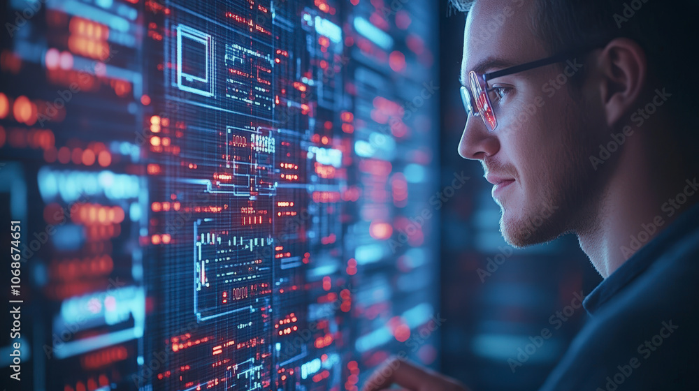 A person wearing glasses is intensely focused on a high-tech digital screen displaying glowing blue and red data, revealing a cyber or programming environment. A person wearing glasses is intensely focused on a high-tech digital screen displaying glowing blue and red data, revealing a cyber or programming environment.