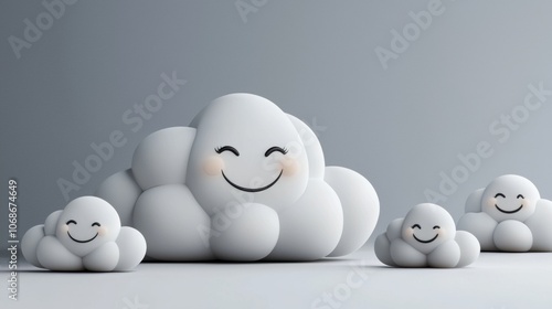 Tiny smiling clouds in gray on white background