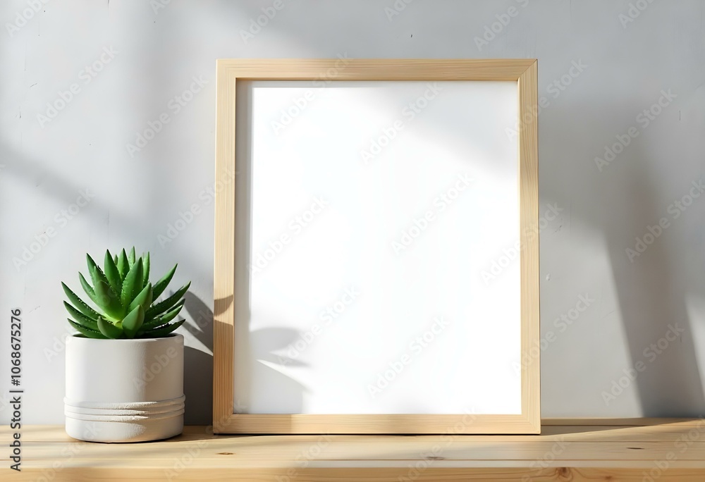 A wooden frame with a blank white canvas was placed on a wooden surface next to a potted succulent plant against a gray concrete wall. A wooden frame with a blank white canvas was placed on a wooden surface next to a potted succulent plant against a gray concrete wall.