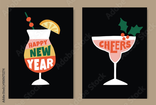 Happy New Year greeting card, invitations. Cocktail drinks glasses with lettering text isolated on black background. Birthday party celebration retro mid century design. Hand drawn vector illustration