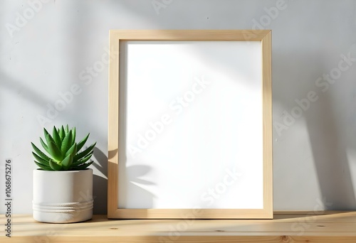 A wooden frame with a blank white canvas was placed on a wooden surface next to a potted succulent plant against a gray concrete wall.
