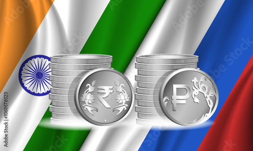 Vector political economic poster. Stacks of 3D coins. Indian rupee and Russian ruble. Flags of India and Russia. Mutual financial settlements between countries. Cash.