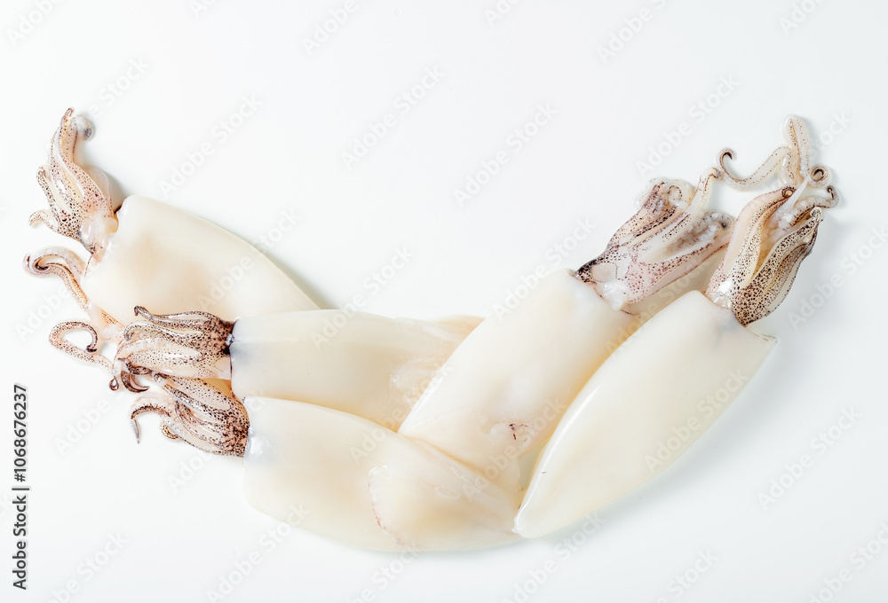 Fototapeta premium raw fresh whole squid on white. close up. cooking, fish market