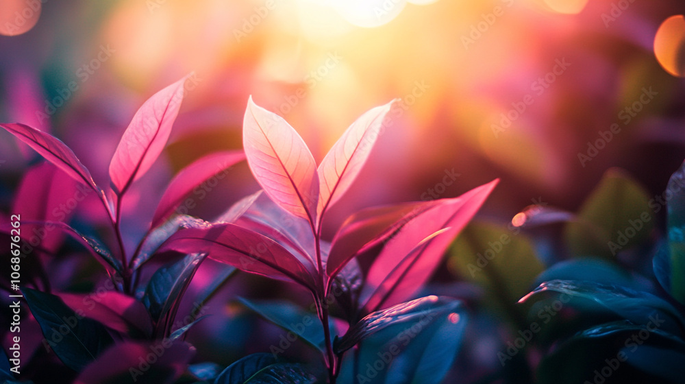Vibrant leaves illuminated by soft sunlight during the golden hour in a lush garden