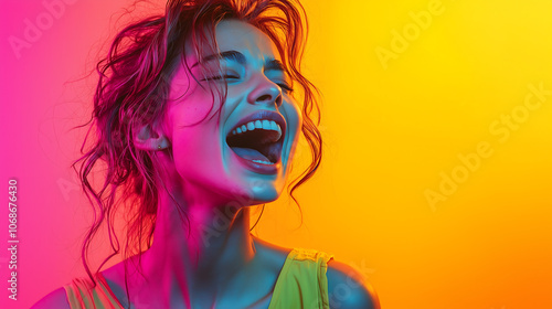 young woman with long curly hair is laughing with her eyes closed She is illuminated by pink and blue neon lights against a yellow background