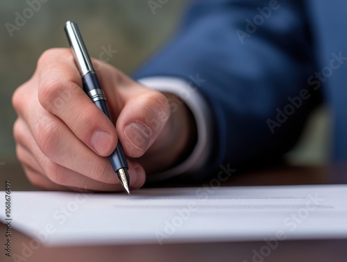 Detailed view of a person’s hand signing a document with a pen, symbolizing agreement, contract signing, and formal decision-making.