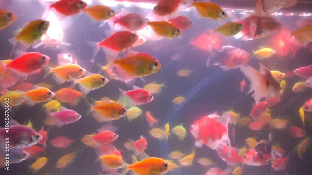 A flock of goldfish and glow fish tetra swims in a freshwater aquarium. Small multicolor fishes swimming underwater among air bubbles. A flock of goldfish and glow fish tetra swims in a freshwater aquarium. Small multicolor fishes swimming underwater among air bubbles.