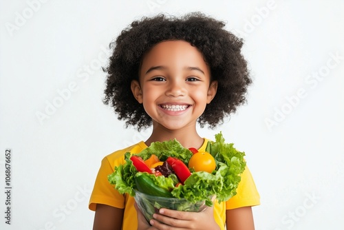 A child happily holding a plate filled with a variety of colorful fruits and vegetables, promoting healthy eating habits and nutrition, perfect for content focused on and wellness