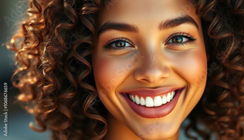 Close-Up Portrait of a Smiling Young Woman with Curly Hair