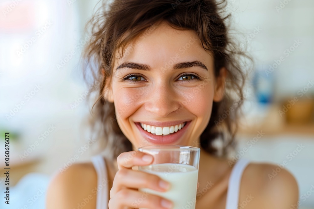 Happy young woman with a bright smile holding a glass of milk indoors. A refreshing, healthy lifestyle concept captured in a natural, cheerful setting. Happy young woman with a bright smile holding a glass of milk indoors. A refreshing, healthy lifestyle concept captured in a natural, cheerful setting.
