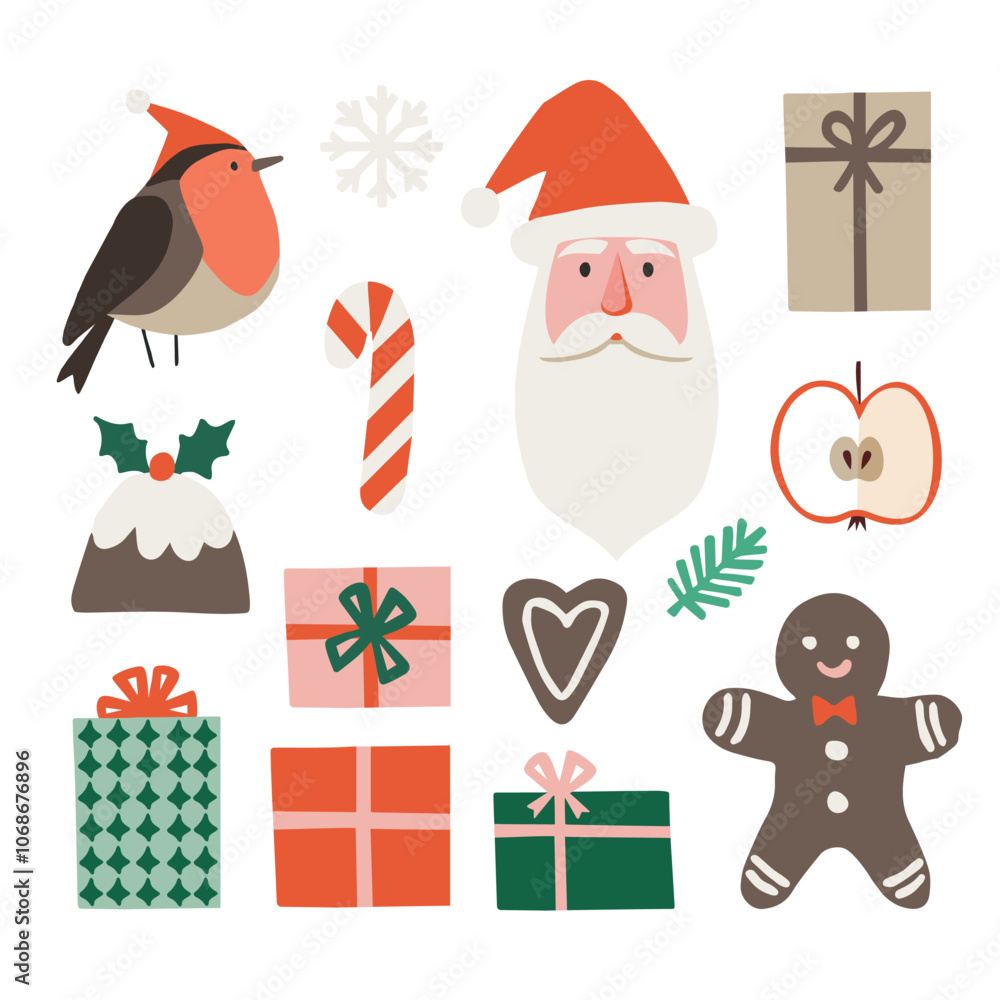 Fototapeta premium Set of hand drawn retro Christmas illustrations. Finch bird, Santa, gift boxes. Gingerbread cookies, pudding with holly berries, Christmas tree branch. Winter holidays vector icons, white background