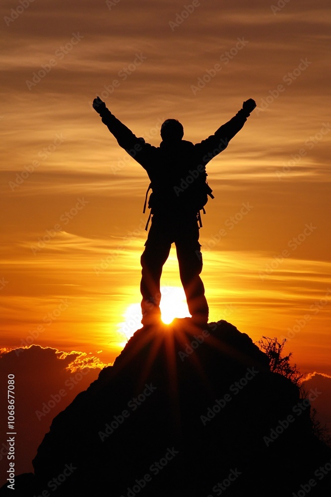 A silhouette of a hiker standing atop a mountain during sunset A silhouette of a hiker standing atop a mountain during sunset