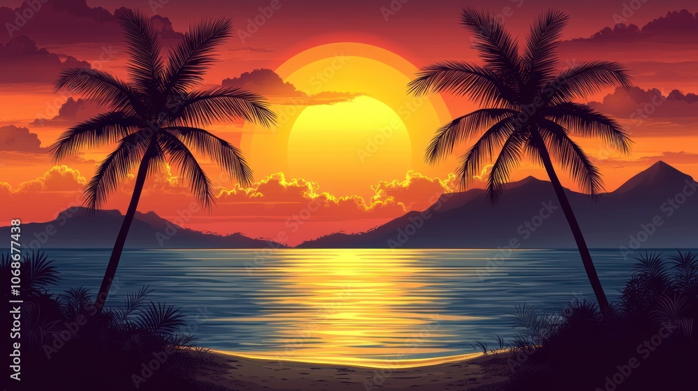 Sunset over Tropical Island with Palm Trees and Mountains Sunset over Tropical Island with Palm Trees and Mountains