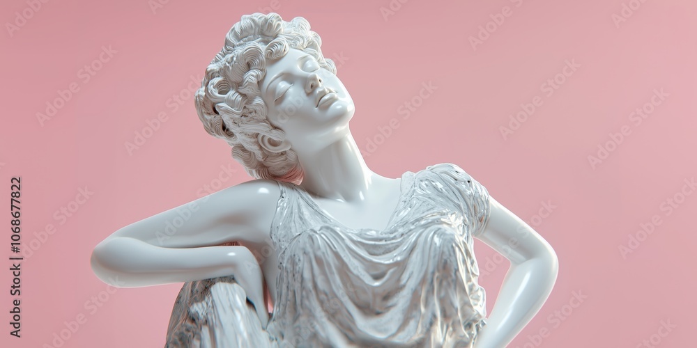 Classical marble statue of a serene woman with closed eyes on a pink background. The sculpture features intricate details, elegance, and timeless beauty. Classical marble statue of a serene woman with closed eyes on a pink background. The sculpture features intricate details, elegance, and timeless beauty.