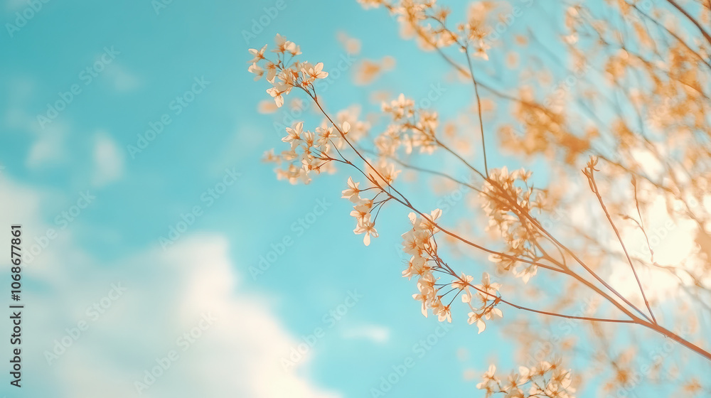 Delicate flowers on slender branches sway gently against a vibrant blue sky, capturing a serene moment in nature with soft, warm hues. Delicate flowers on slender branches sway gently against a vibrant blue sky, capturing a serene moment in nature with soft, warm hues.