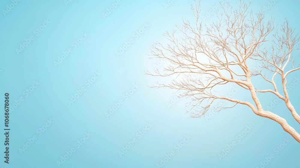 Obraz premium A bare, leafless tree extends branches against a clear blue sky, creating a serene, minimalist landscape. Perfect for a tranquil ambiance.