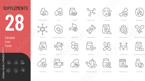 Supplements Line Editable Icons set. Vector illustration in modern thin line style of healthy lifestyle related icons: vitamins, minerals, amino acids, and more. 